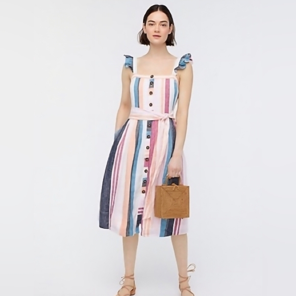 J. Crew Dresses & Skirts - J CREW | Striped Linen Button-Front Sundress | Pastel Multicolored | Size 8